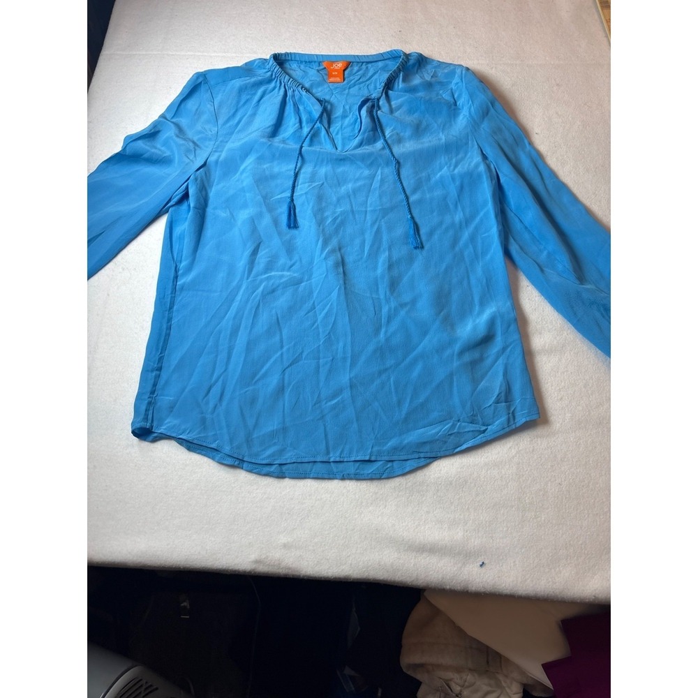 Joe Fresh Blouse Womens Small Blue  Long Sleeve Tassel Tie Peasant‎ Top